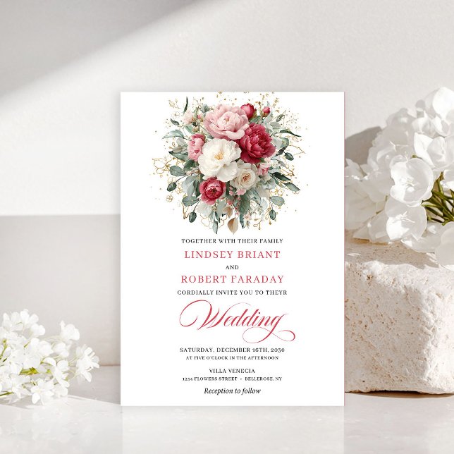 Elegant Boho Red Blush Gold Floral Wedding InvitE (Elegant Boho Red Blush Gold Floral Wedding InvitE)