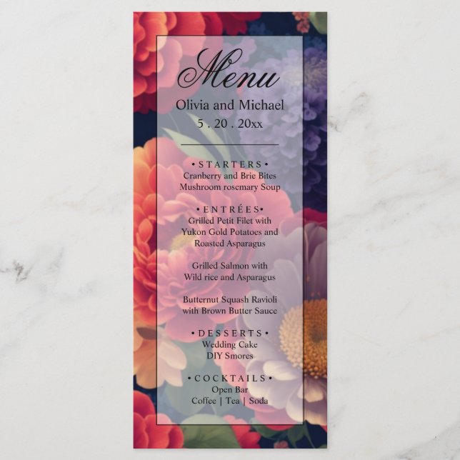 Elegant boho red orange purple floral Wedding Menu (Front)