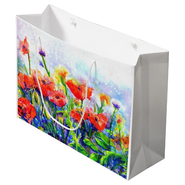 Elegant boho red watercolor Poppy Fields  Large Gift Bag (Front Angled)