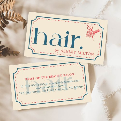 Elegant Boho Retro Blue Scissors Hair Stylist Business Card