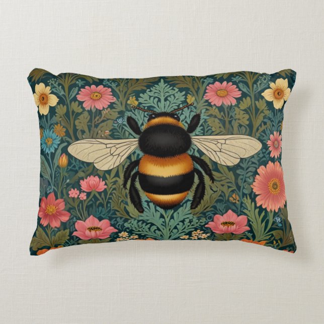 Elegant boho retro bumblebee spring florals  accent pillow (Front)