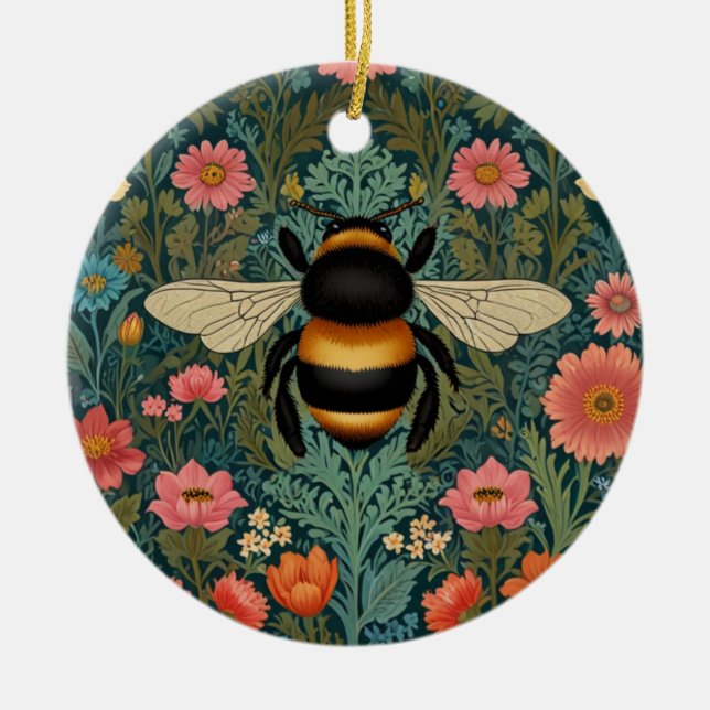 Elegant boho retro bumblebee spring florals  ceramic ornament (Front)