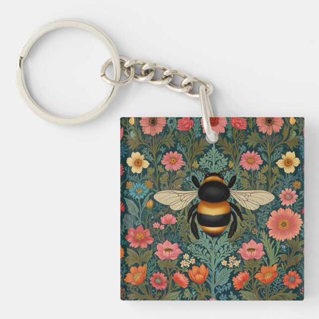 Elegant boho retro bumblebee spring florals  keychain (Front)