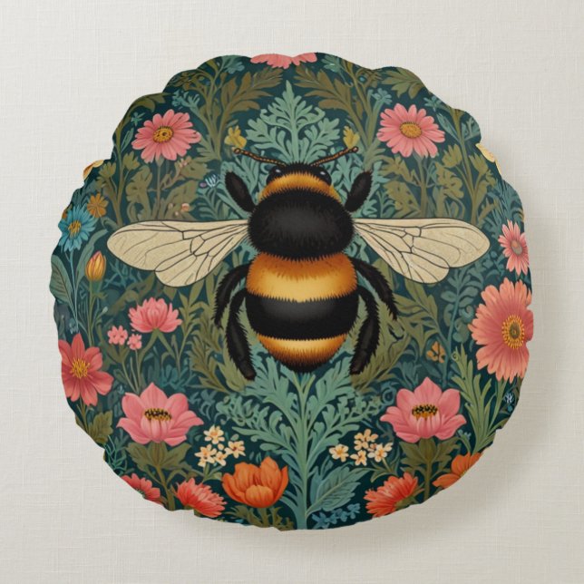 Elegant boho retro bumblebee spring florals  round pillow (Front)