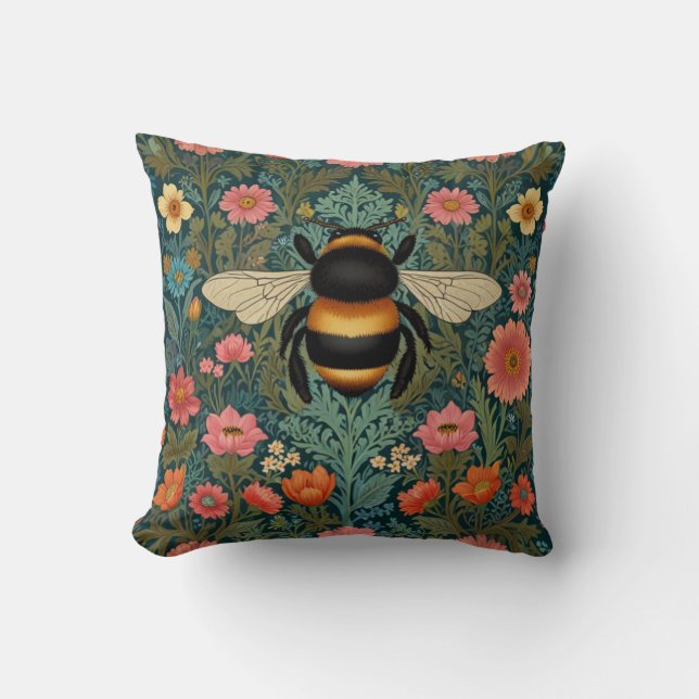 Elegant boho retro bumblebee spring florals  throw pillow (Front)