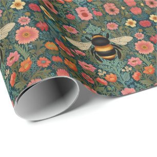 Elegant boho retro bumblebee spring florals wrapping paper
