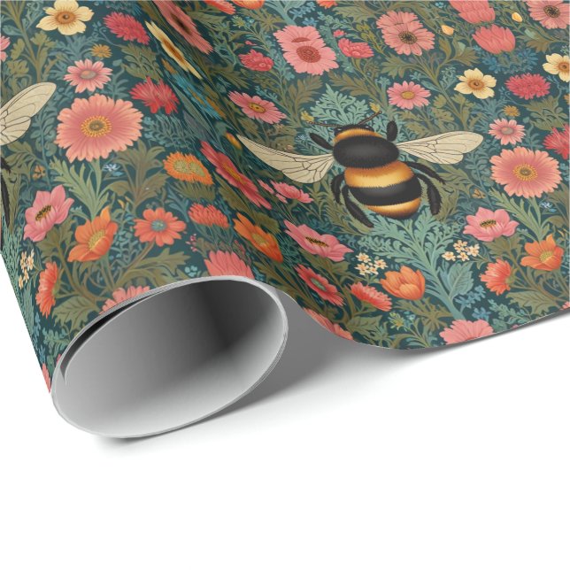 Elegant boho retro bumblebee spring florals  wrapping paper (Roll Corner)