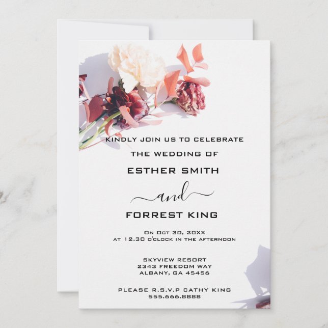 Elegant Boho Retro Floral Pink & White Wedding Invitation (Front)