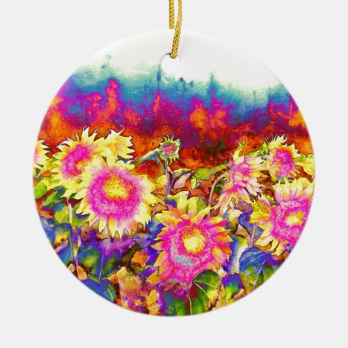 Elegant boho retro sunflowers pink yellow flowers ceramic ornament