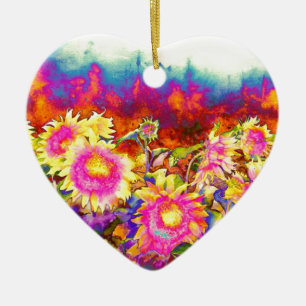 Elegant boho retro sunflowers pink yellow flowers ceramic ornament
