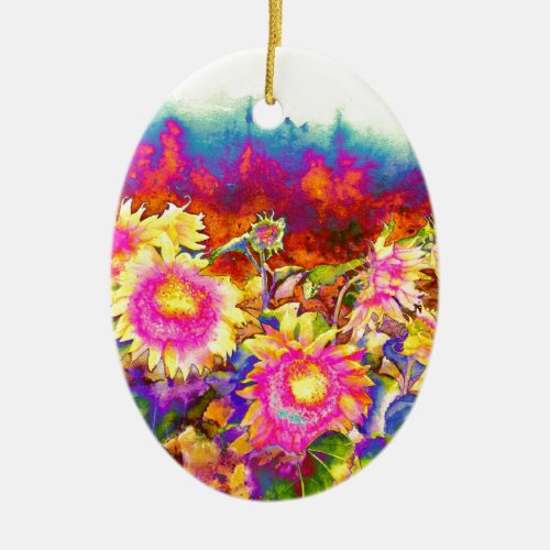 Elegant boho retro sunflowers pink yellow flowers ceramic ornament