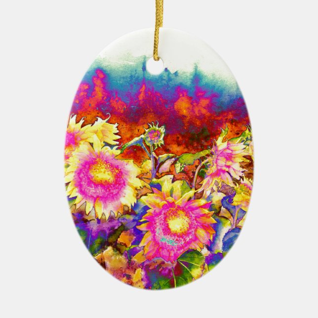 Elegant boho retro sunflowers pink yellow flowers ceramic ornament (Front)