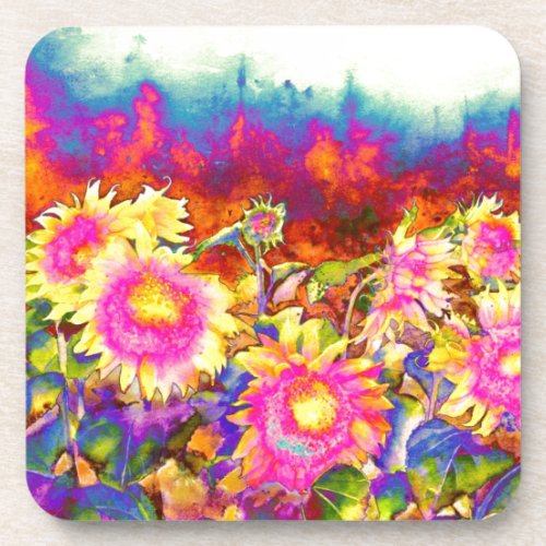 Elegant boho retro sunflowers pink yellow flowers coaster