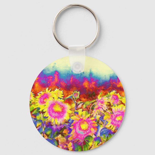 Elegant boho retro sunflowers pink yellow flowers keychain (Front)