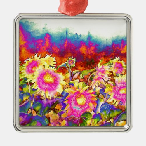 Elegant boho retro sunflowers pink yellow flowers metal ornament