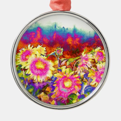 Elegant boho retro sunflowers pink yellow flowers metal ornament