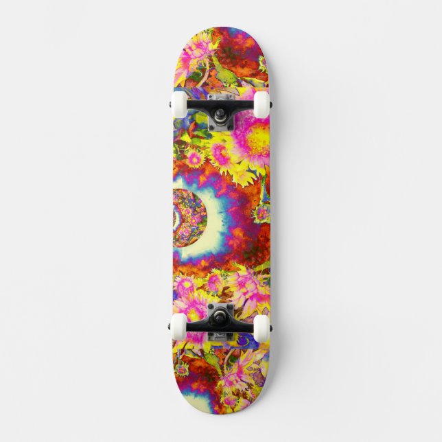 Elegant boho retro sunflowers pink yellow flowers skateboard deck (Front)