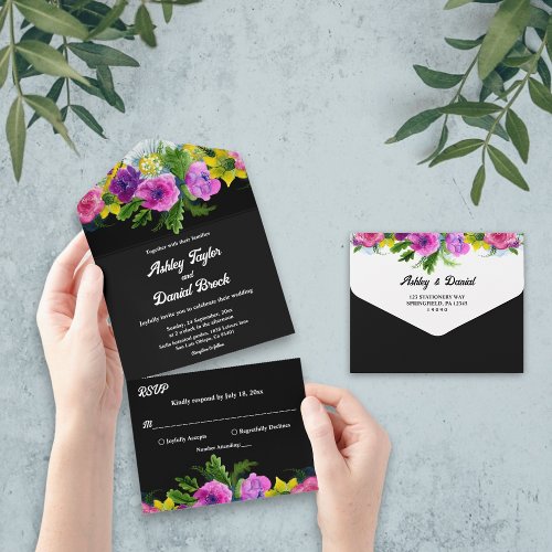 Elegant Boho Romantic Flowers Black Floral Wedding All In One Invitation