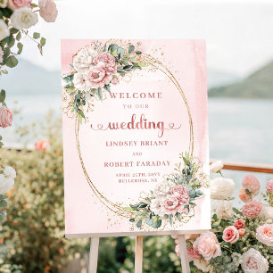 Elegant Boho Rose Gold Blush Pink Greenery Wedding Poster