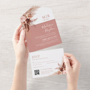 Elegant Boho Rose Pink Pampas QR Code Wedding All In One Invitation