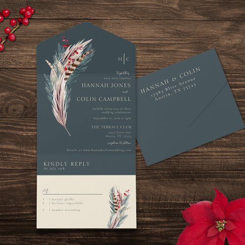 Elegant Boho Rustic Pampas  Pine Green Tan Red All In One Invitation