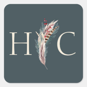 Elegant Boho Rustic Pampas & Pine Green Tan Red Square Sticker