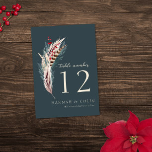 Elegant Boho Rustic Pampas & Pine Green Tan Red Table Number