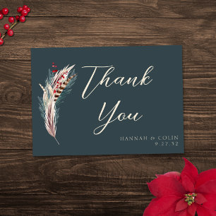 Elegant Boho Rustic Pampas & Pine Green Tan Red Thank You Card