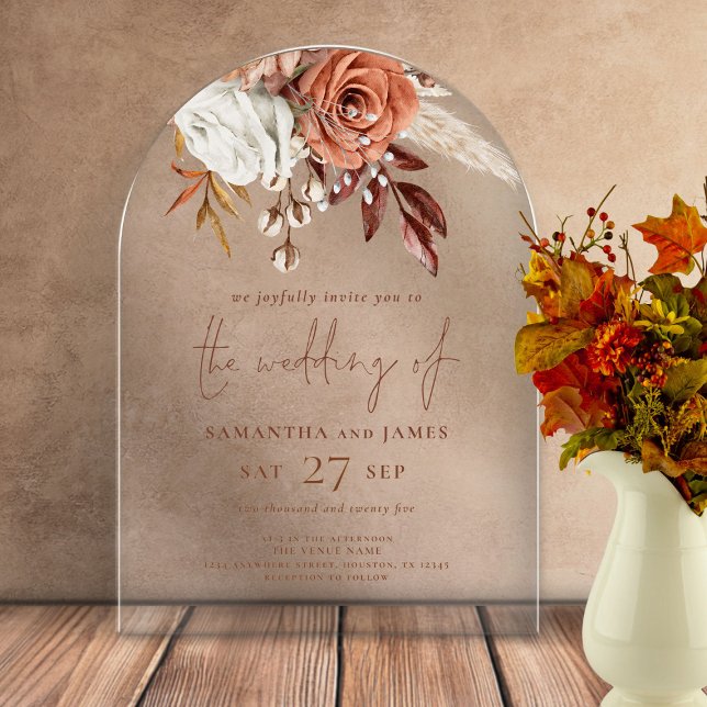 Elegant Boho Rustic Terracotta Florals Wedding Acrylic Invitations (Creator Uploaded)