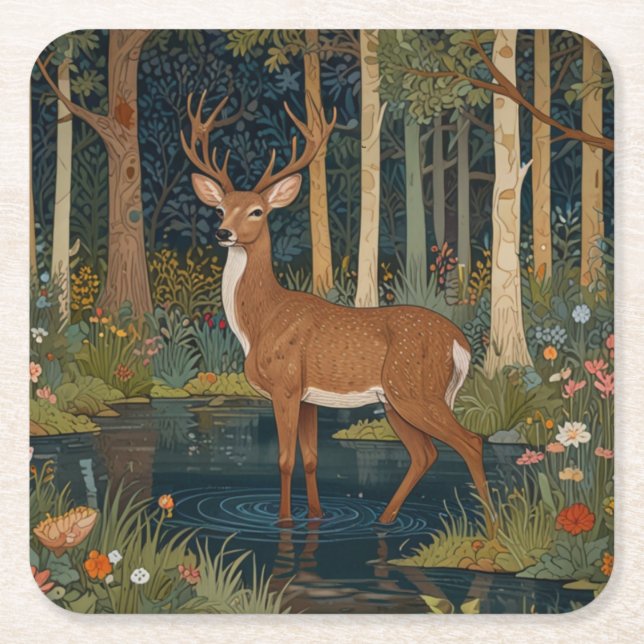 Elegant boho rustic woodland deer  square paper coaster (Front)