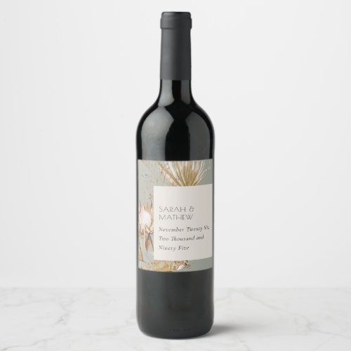 Elegant Boho Saga Green Protea Dried Palm Floral Wine Label