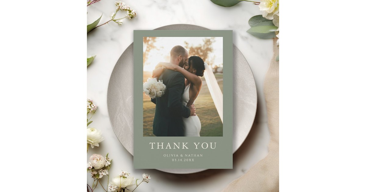 Elegant Boho Sage Green Photo Wedding Thank You Card | Zazzle