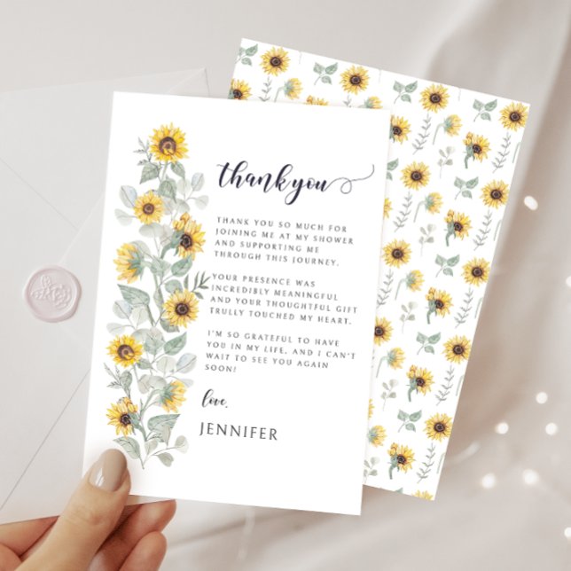 Elegant Boho Sage Yellow Sunflower Bridal Shower  Thank You Card (Creator Uploaded)