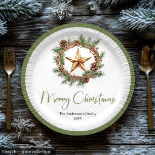 Elegant Boho Scandinavian Cozy Pine Wreath Holiday Paper Plates