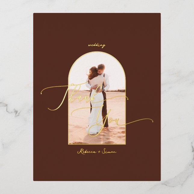Elegant Boho Script Photo Wedding Thank You Foil Invitation Postcard (Front)