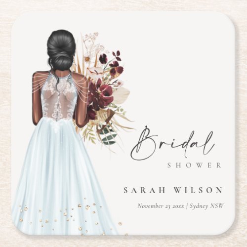 Elegant Boho Sky Blue Wedding Gown Bridal Shower Square Paper Coaster