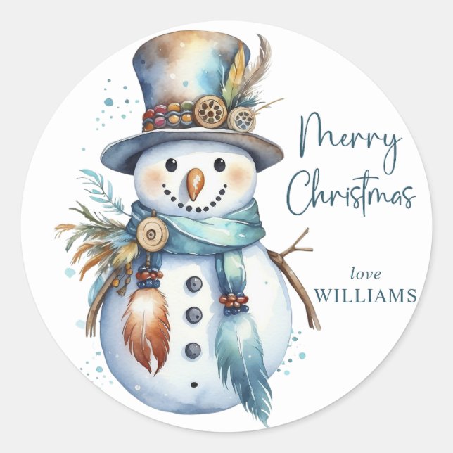 Elegant Boho Snowman Merry Christmas Holiday  Classic Round Sticker (Front)