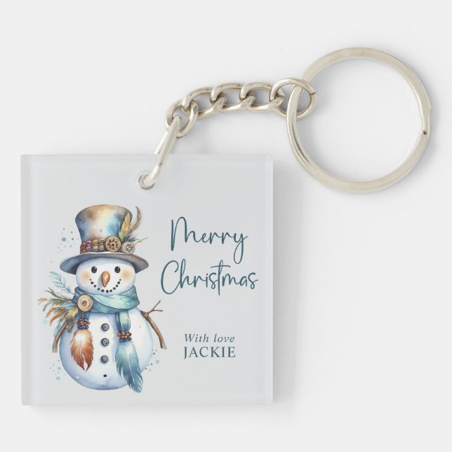 Elegant Boho Snowman Merry Christmas Holiday  Keychain (Back)