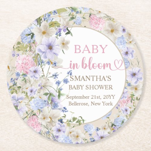 Elegant Boho spring blush Wildflower Baby Shower  Round Paper Coaster