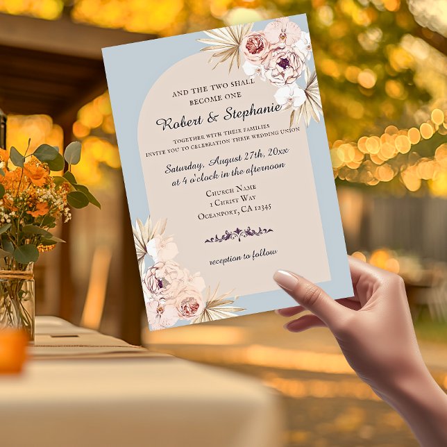 Elegant Boho Spring Peony Christian Wedding  Invitation (Two become one pink floral arched wedding invitations )