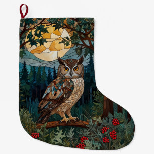 Elegant boho stain glass owl woodland forest large christmas stocking