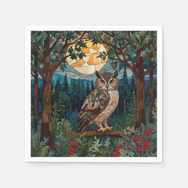 Elegant boho stain glass owl woodland forest napkins (Front)