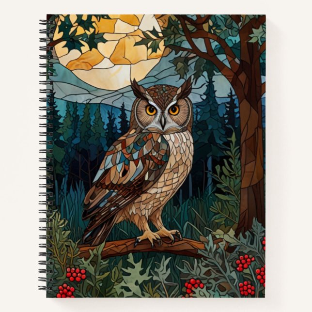Elegant boho stain glass owl woodland forest notebook (Front)