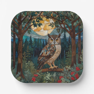 Elegant boho stain glass owl woodland forest paper plates