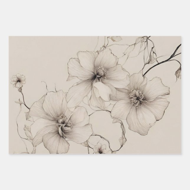 Elegant Boho Style Floral Pattern, Flower  Wrapping Paper Sheets (Front)