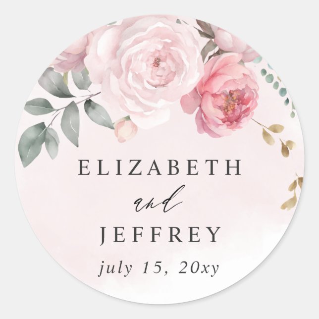 Elegant Boho Summer Spring Blush Floral Wedding Classic Round Sticker (Front)