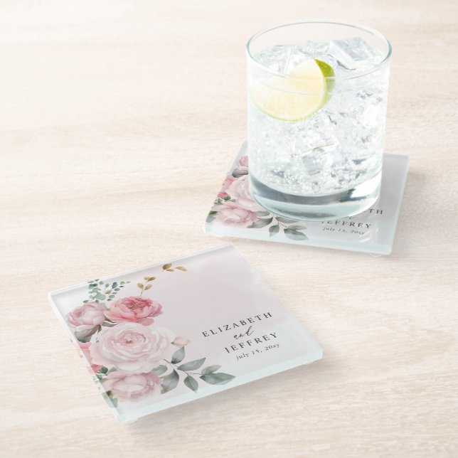 Elegant Boho Summer Spring Blush Floral Wedding Glass Coaster (Angled)