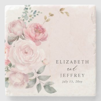 Elegant Boho Summer Spring Blush Floral Wedding Stone Coaster by blessedwedding at Zazzle