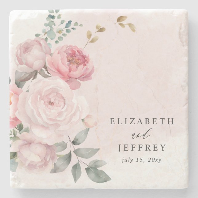 Elegant Boho Summer Spring Blush Floral Wedding Stone Coaster (Front)