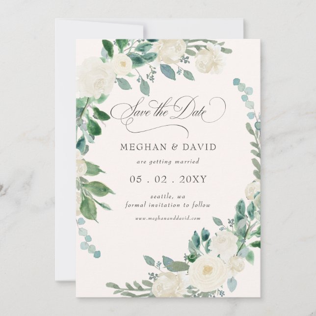 Elegant Boho Summer Spring Ivory Floral Wedding Save The Date (Front)